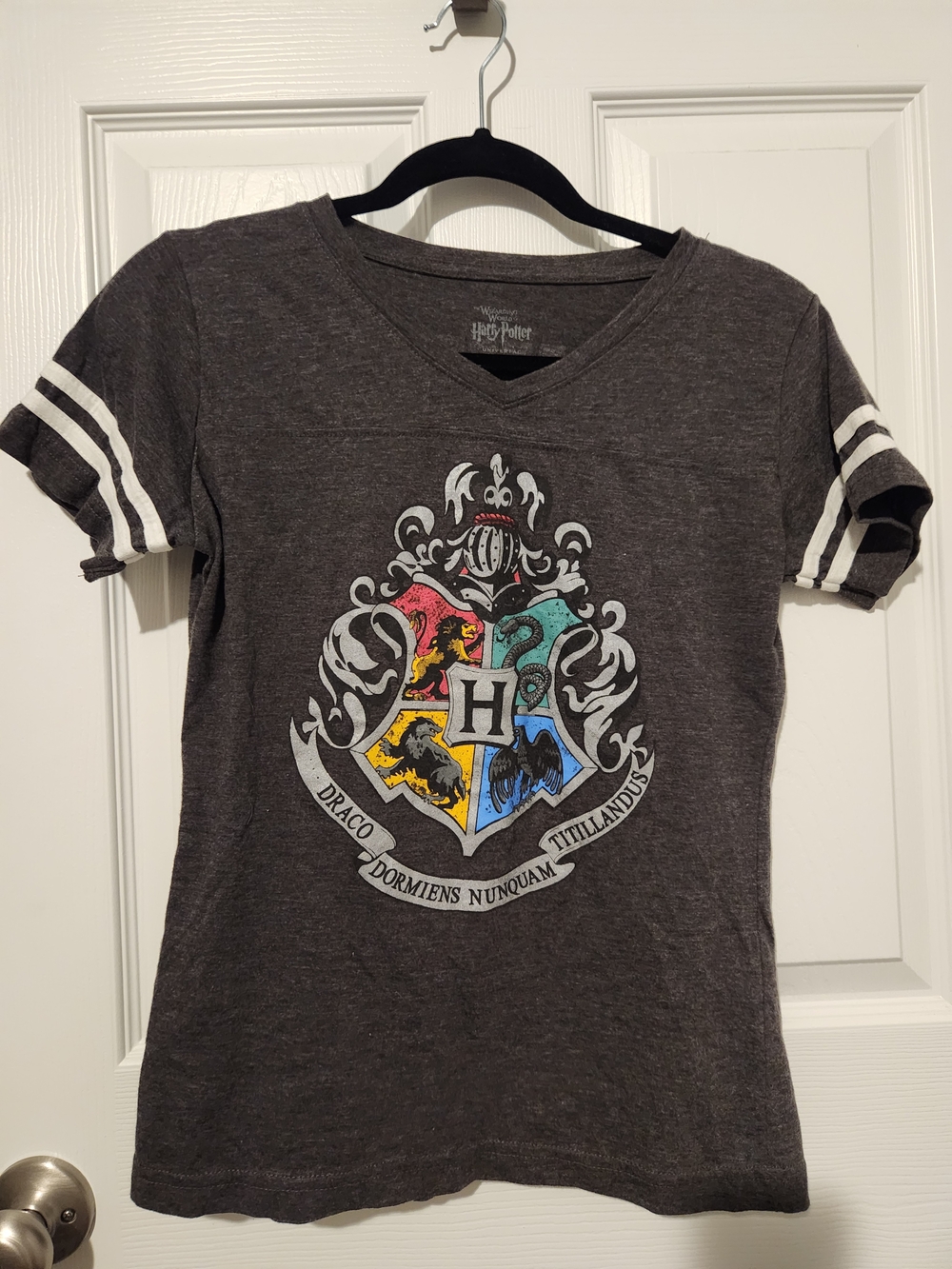 Warner Bros. Harry Potter Crest V‑Neck Tee in Charcoal with Multicolor Shield